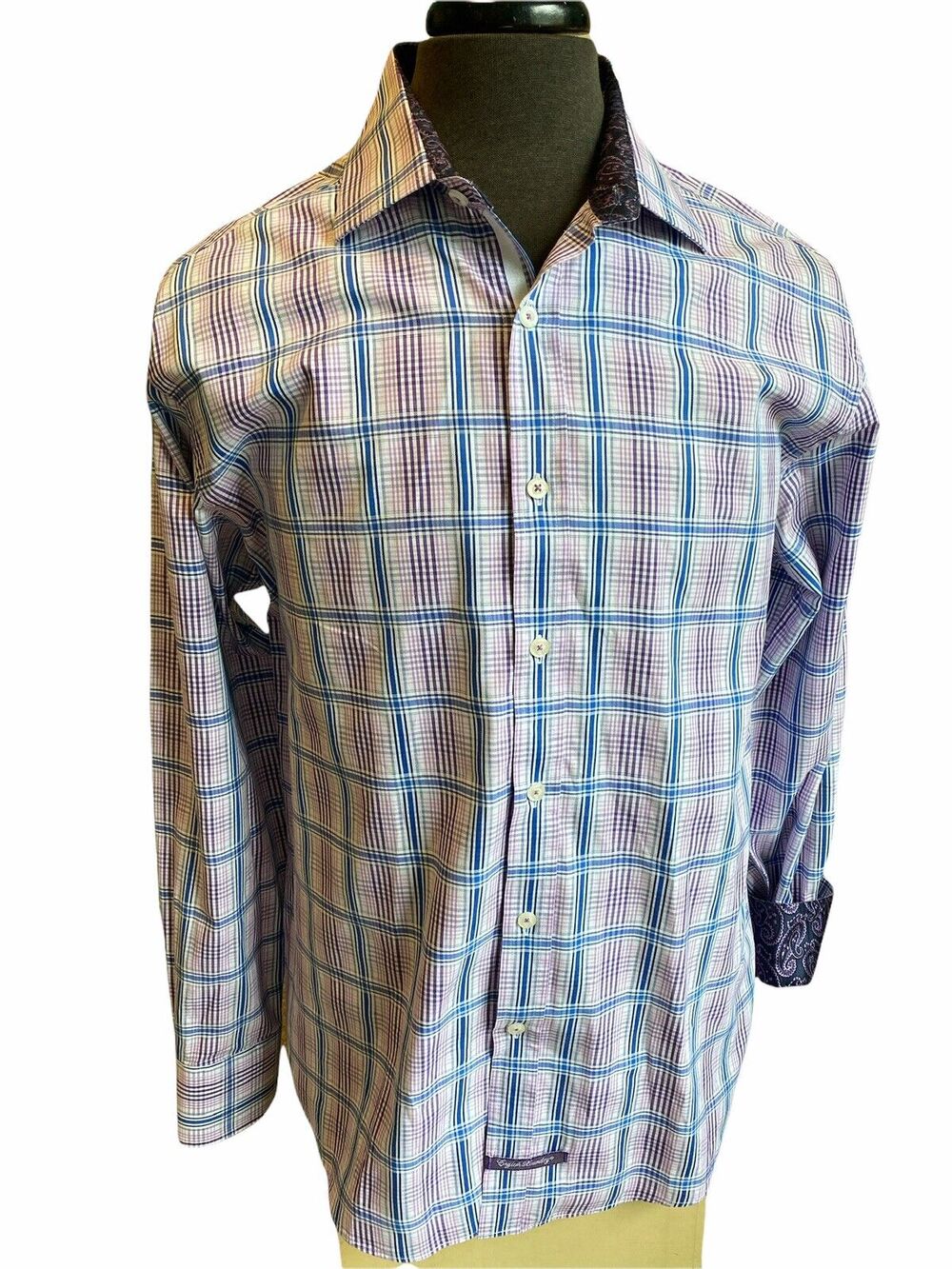 English Laundry Purple/Blue Flip Cuff Plaid Paisley Shirt Men’s16 34/35